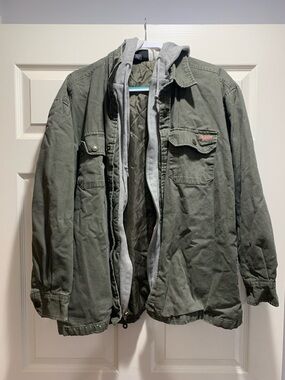 Unisex Olive Green Quilted-Lined Utility Jacket with Hoodie Insert
